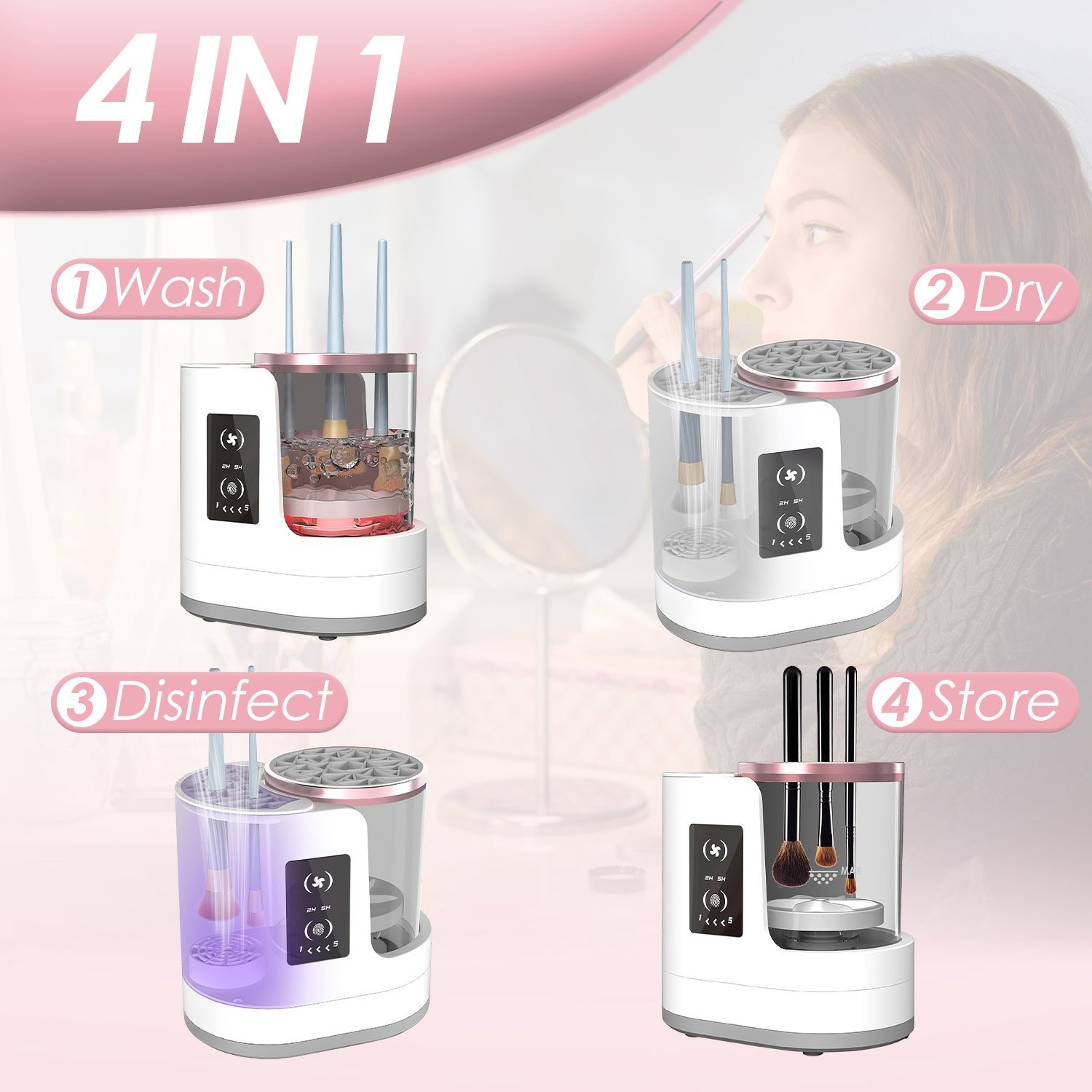 4 In 1 Electric Makeup Brush Cleaner USB Powered Automatic Brush Blender Machine With Timer Digital Display Cleaning Drying UV Disinfection Brush Storage For All Types Of Brushes Valentines Day Gift - Image 3