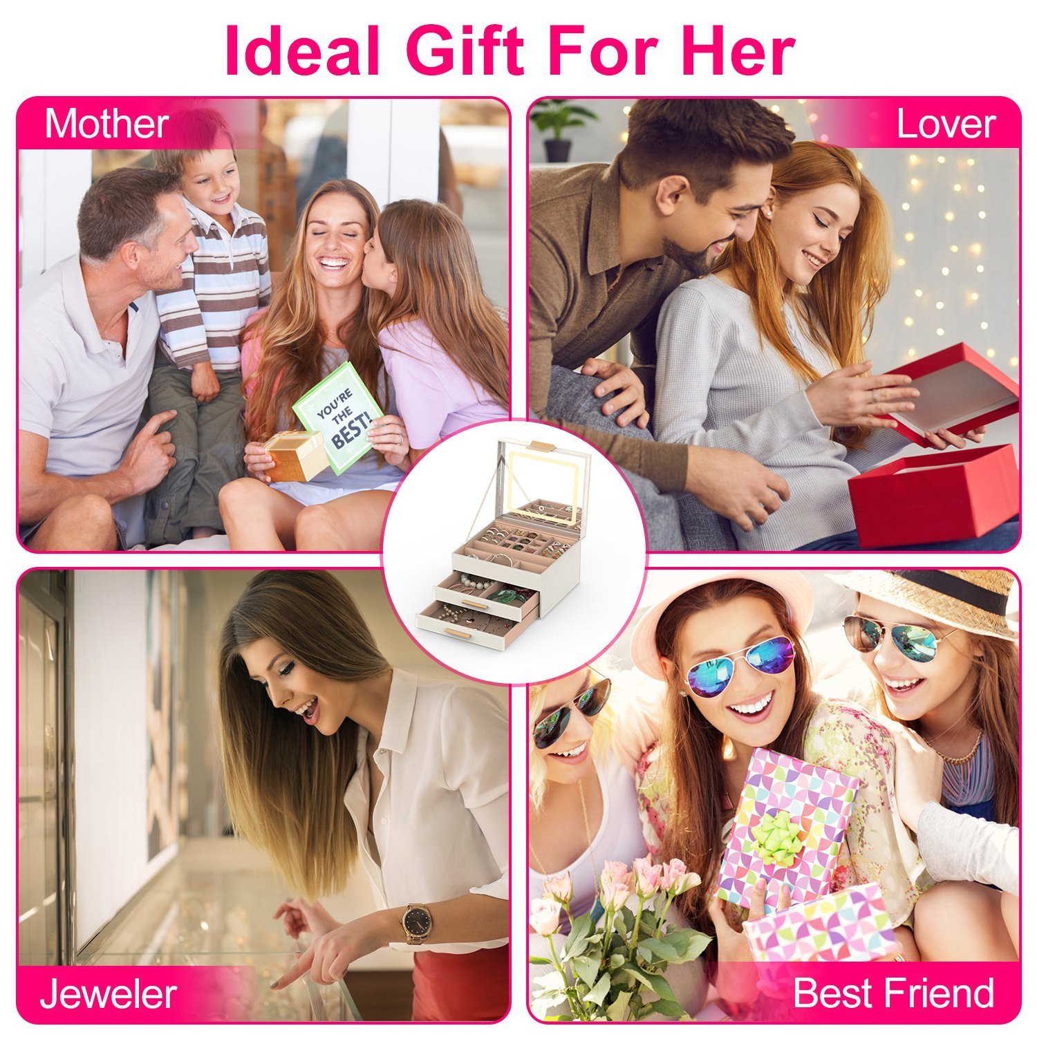 1 Set Jewelry Box With LED Mirror 3 Layer Jewelry Organizer With 2 Drawers PU Jewelry Holder With 3 Mirror Light Colors Dimmable For Earrings Rings Bracelets Necklaces - Image 2