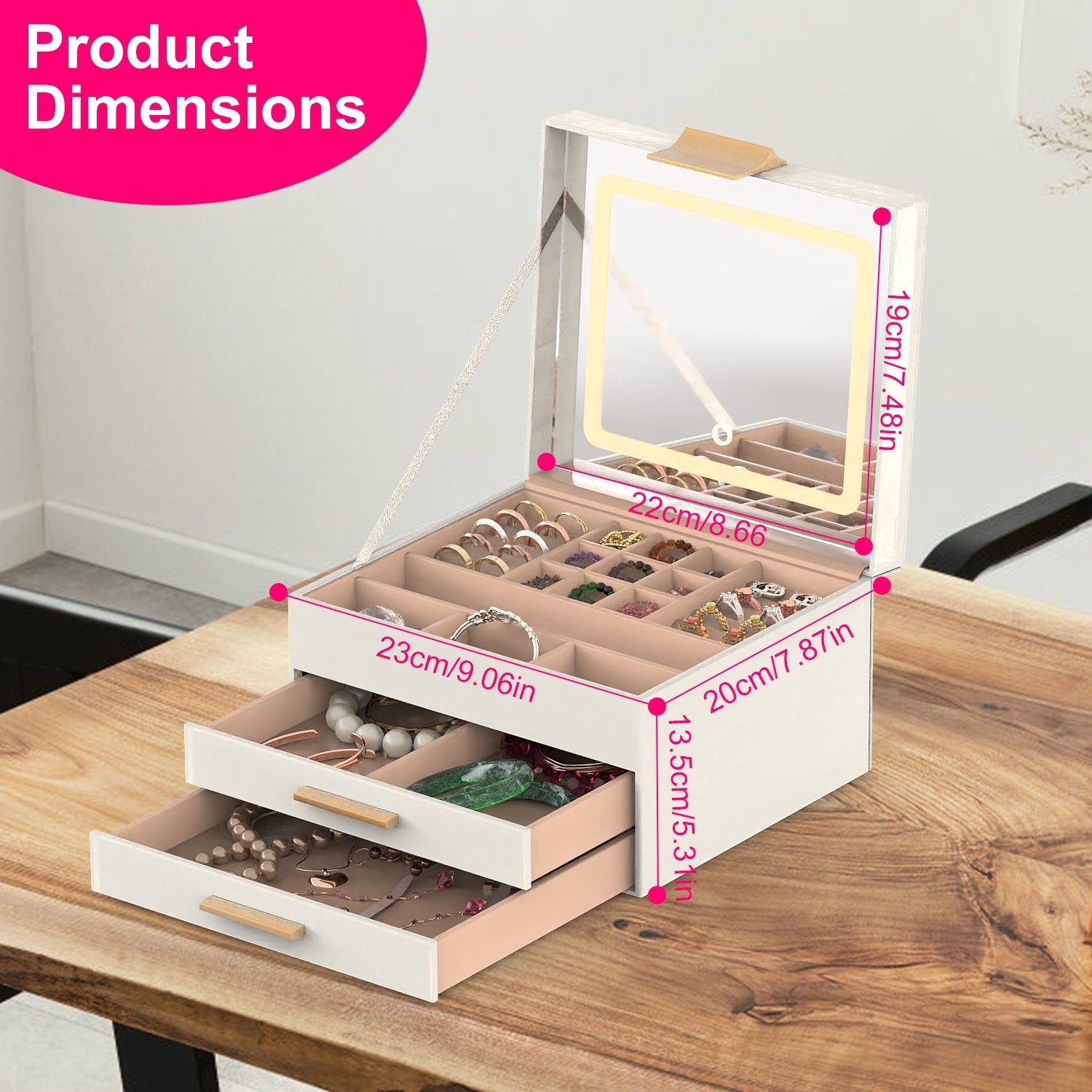 1 Set Jewelry Box With LED Mirror 3 Layer Jewelry Organizer With 2 Drawers PU Jewelry Holder With 3 Mirror Light Colors Dimmable For Earrings Rings Bracelets Necklaces - Image 4