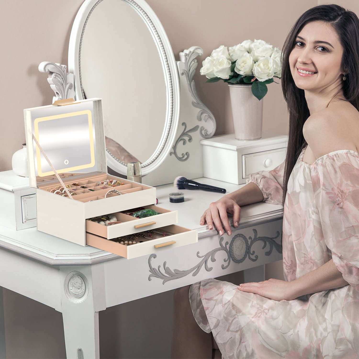 1 Set Jewelry Box With LED Mirror 3 Layer Jewelry Organizer With 2 Drawers PU Jewelry Holder With 3 Mirror Light Colors Dimmable For Earrings Rings Bracelets Necklaces - Image 5