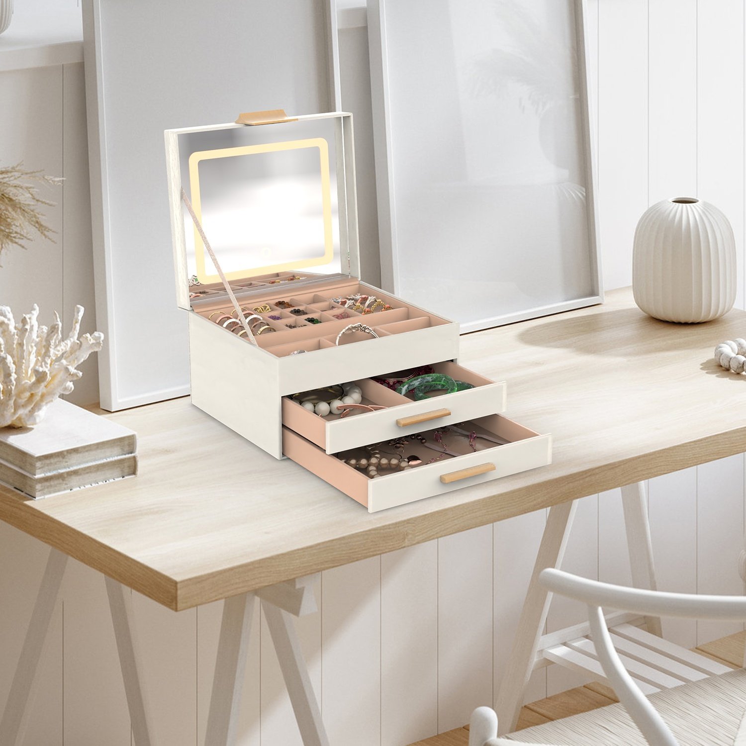 1 Set Jewelry Box With LED Mirror 3 Layer Jewelry Organizer With 2 Drawers PU Jewelry Holder With 3 Mirror Light Colors Dimmable For Earrings Rings Bracelets Necklaces - Image 6
