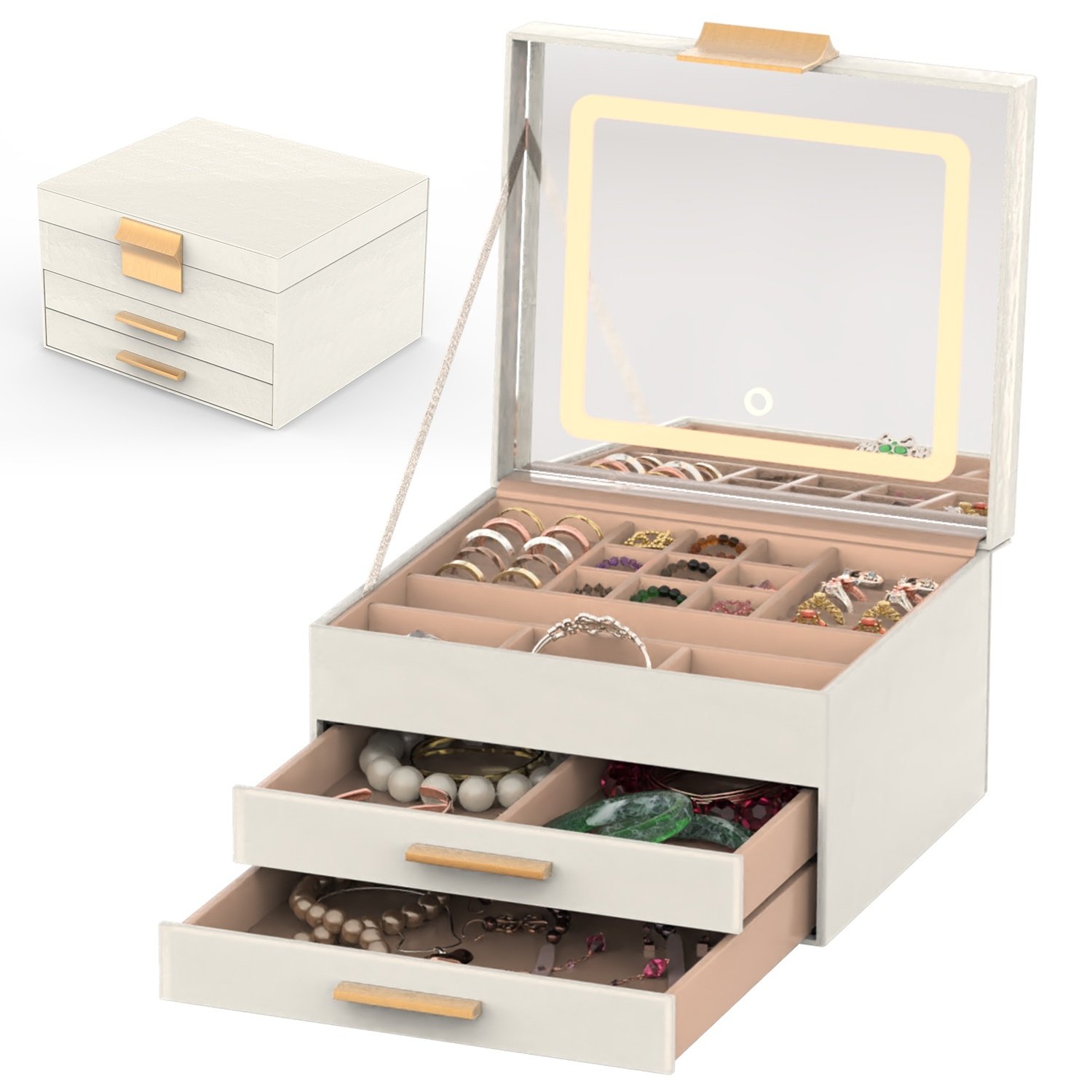 1 Set Jewelry Box With LED Mirror 3 Layer Jewelry Organizer With 2 Drawers PU Jewelry Holder With 3 Mirror Light Colors Dimmable For Earrings Rings Bracelets Necklaces - Image 9