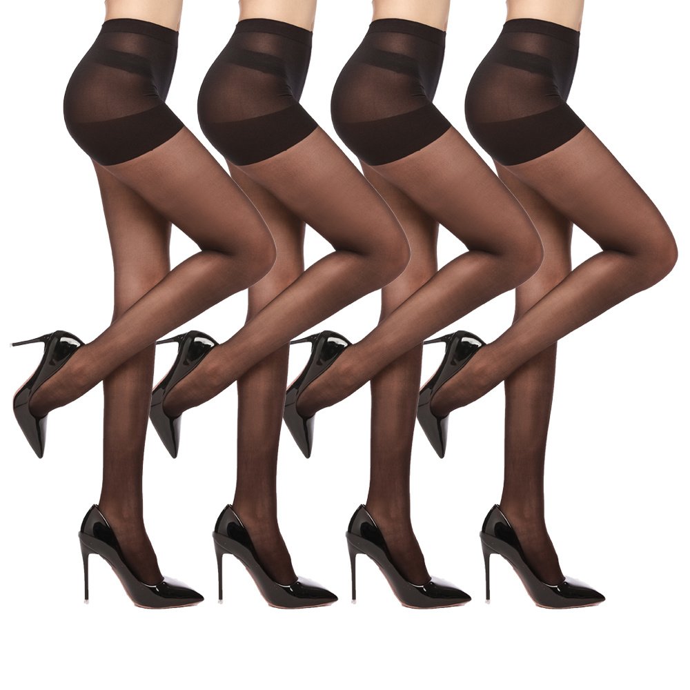 4 Pairs Women's Sheer Tights 20 Denier Control Top Pantyhose With Reinforced Toes