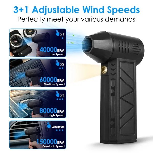 Compressed Air Duster With LED Light Up To 150000RPM Speed For PC Keyboard Cleaning High Speed Rechargeable Cordless Air Blower With 4 Speeds For Home Car Outdoor - Image 3