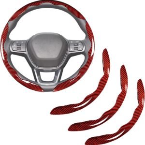 Car Steering Wheel Cover Set Bright Carbon Fiber Wrap Non-Slip 3pcs Steering Wheel Accessories Universal Red