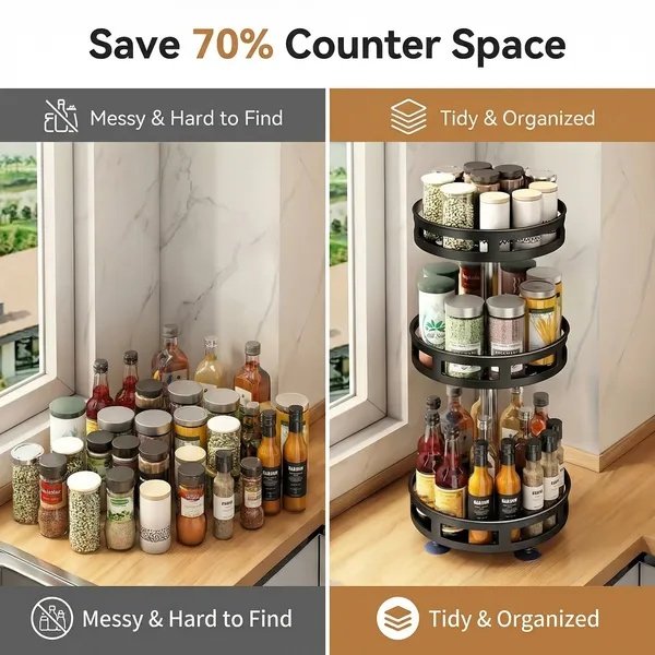 3-Tier Rotating Spice Rack Organizer – Carbon Steel 360° Metal Turntable, Multifunctional Kitchen Seasoning & Condiment Storage Rack, Space-Saving Countertop Spice Jar Organizer - Image 3