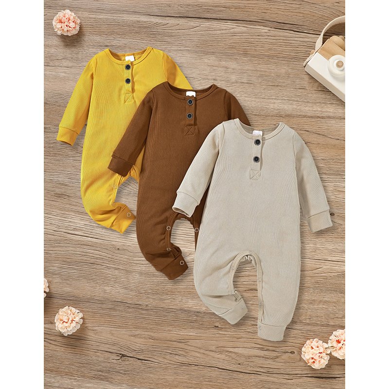 3-Pack Newborns Infants Baby Boys & Girls Long Sleeve Ribbed Romper Soft Button Front Jumpsuit - Image 2