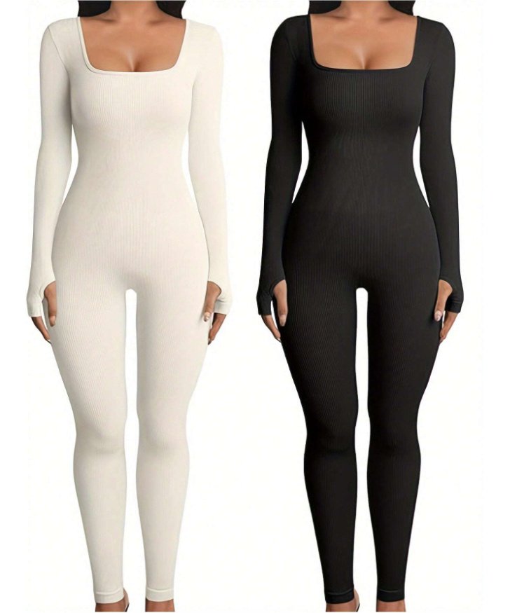 Women's Yoga Sports Fitness Jumpsuit Workout Long Sleeve Square Collar Clothing - Image 8
