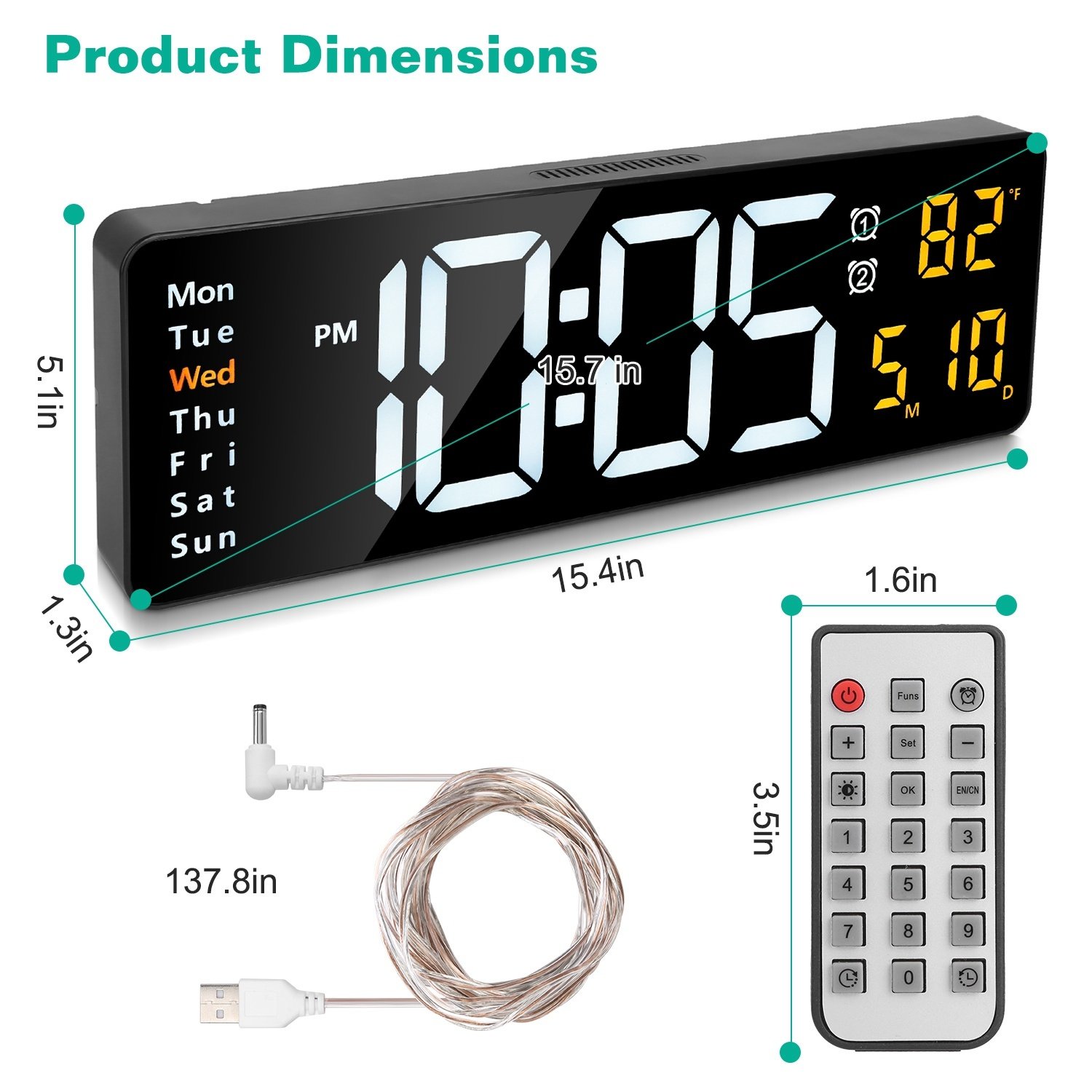 15.7in LED Digital Wall Clock With Remote Control For Home Gadget 10 Level Brightness 3 Alarm Settings 12-24Hr Format Timing Countdown Temperature Calendar Display Decorative Clock For Office Home - Image 10