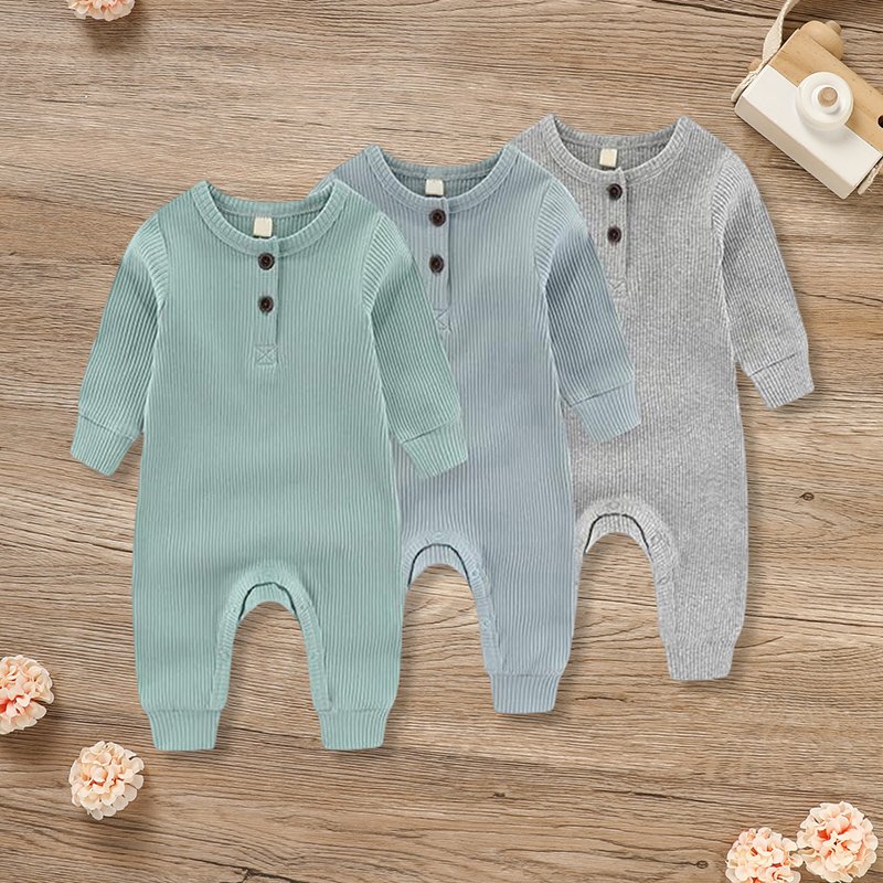 3-Pack Newborns Infants Baby Boys & Girls Long Sleeve Ribbed Romper Soft Button Front Jumpsuit - Image 9