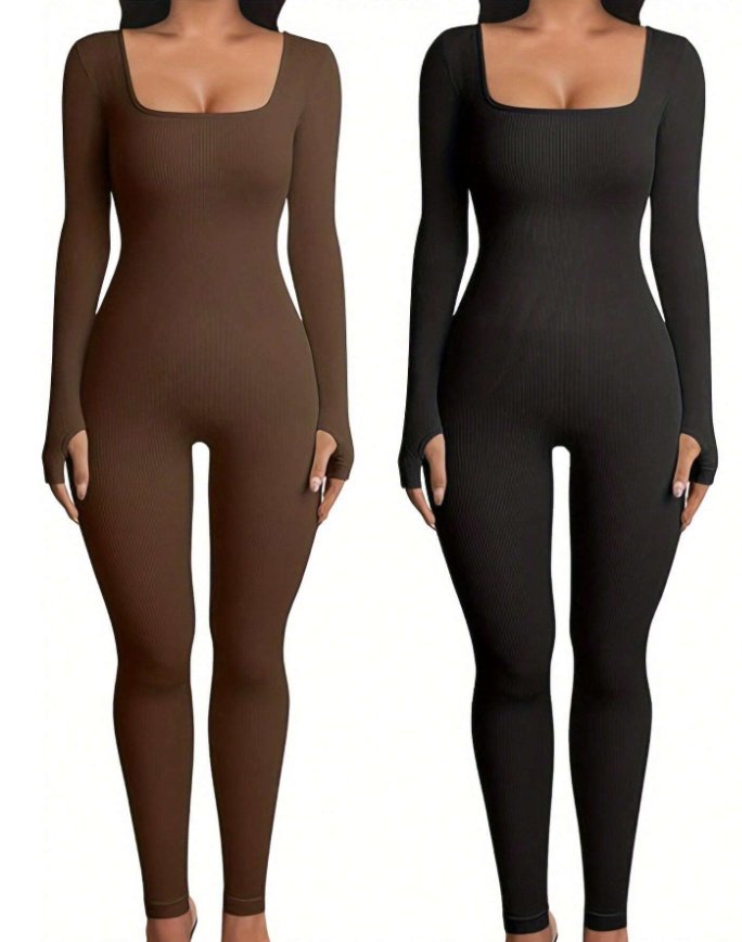 Women's Yoga Sports Fitness Jumpsuit Workout Long Sleeve Square Collar Clothing - Image 7