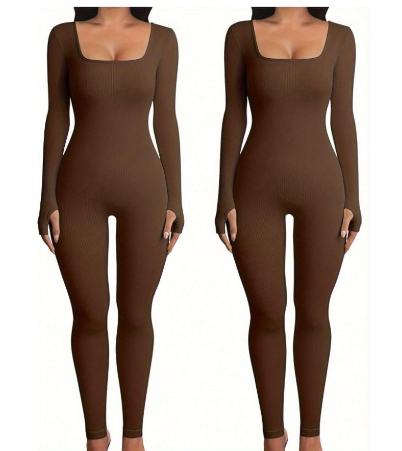 Women's Yoga Sports Fitness Jumpsuit Workout Long Sleeve Square Collar Clothing - Image 9