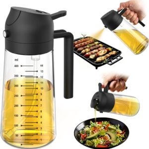 2-in-1 Glass Olive Oil Sprayer & Dispenser 16oz 470ml - Black Cooking Bottle For Air Fryer