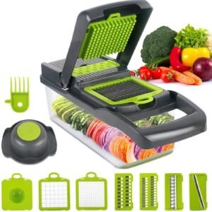 Vegetable Chopper Dicer with Container | Cheese Grater Mandoline Slicer Cabbage Shredder French Fry Cutter Stainless Steel for Veggie Onion Potato Fruit Food, Manual Hand Cooking Gadget for Kitchen