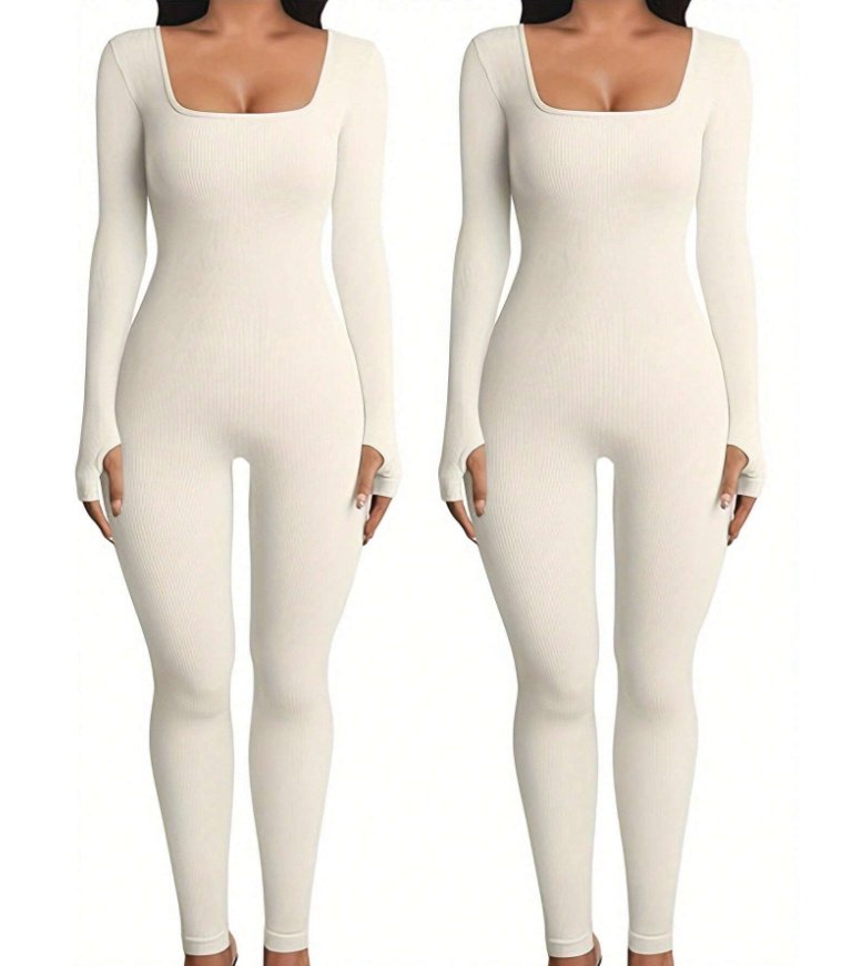 Women's Yoga Sports Fitness Jumpsuit Workout Long Sleeve Square Collar Clothing - Image 5