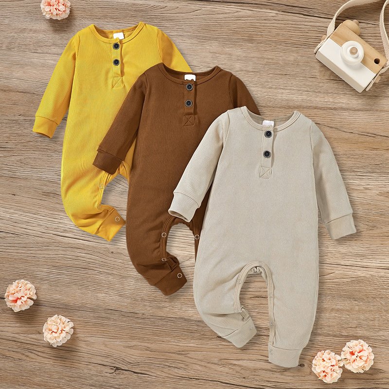 3-Pack Newborns Infants Baby Boys & Girls Long Sleeve Ribbed Romper Soft Button Front Jumpsuit