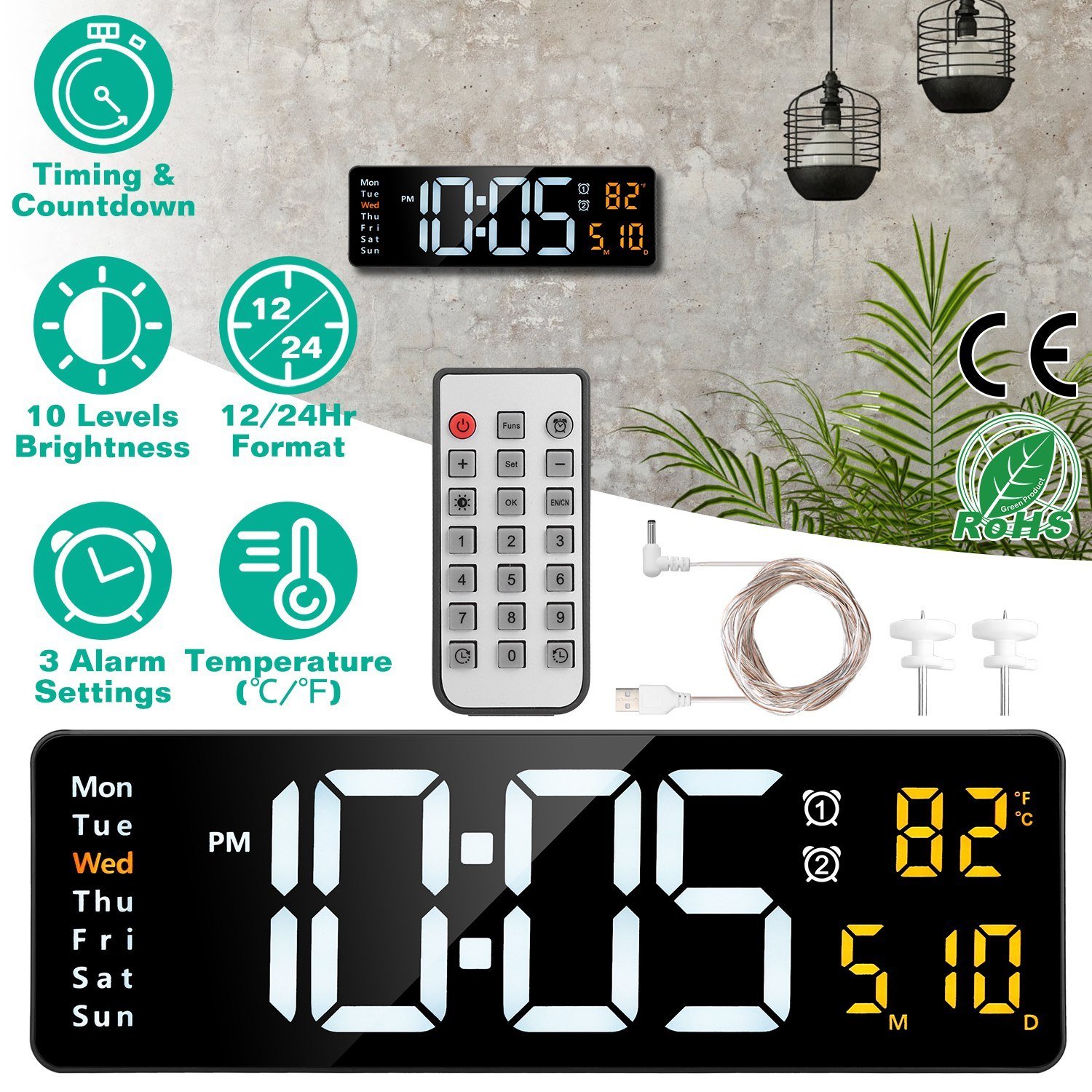 15.7in LED Digital Wall Clock With Remote Control For Home Gadget 10 Level Brightness 3 Alarm Settings 12-24Hr Format Timing Countdown Temperature Calendar Display Decorative Clock For Office Home - Image 2
