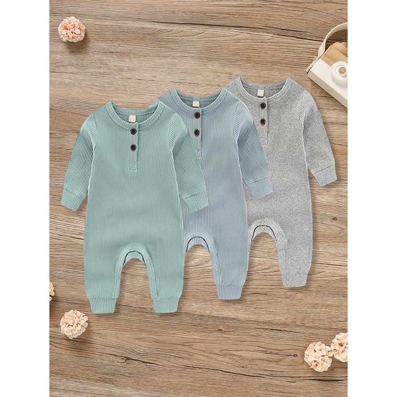 3-Pack Newborns Infants Baby Boys & Girls Long Sleeve Ribbed Romper Soft Button Front Jumpsuit - Image 10