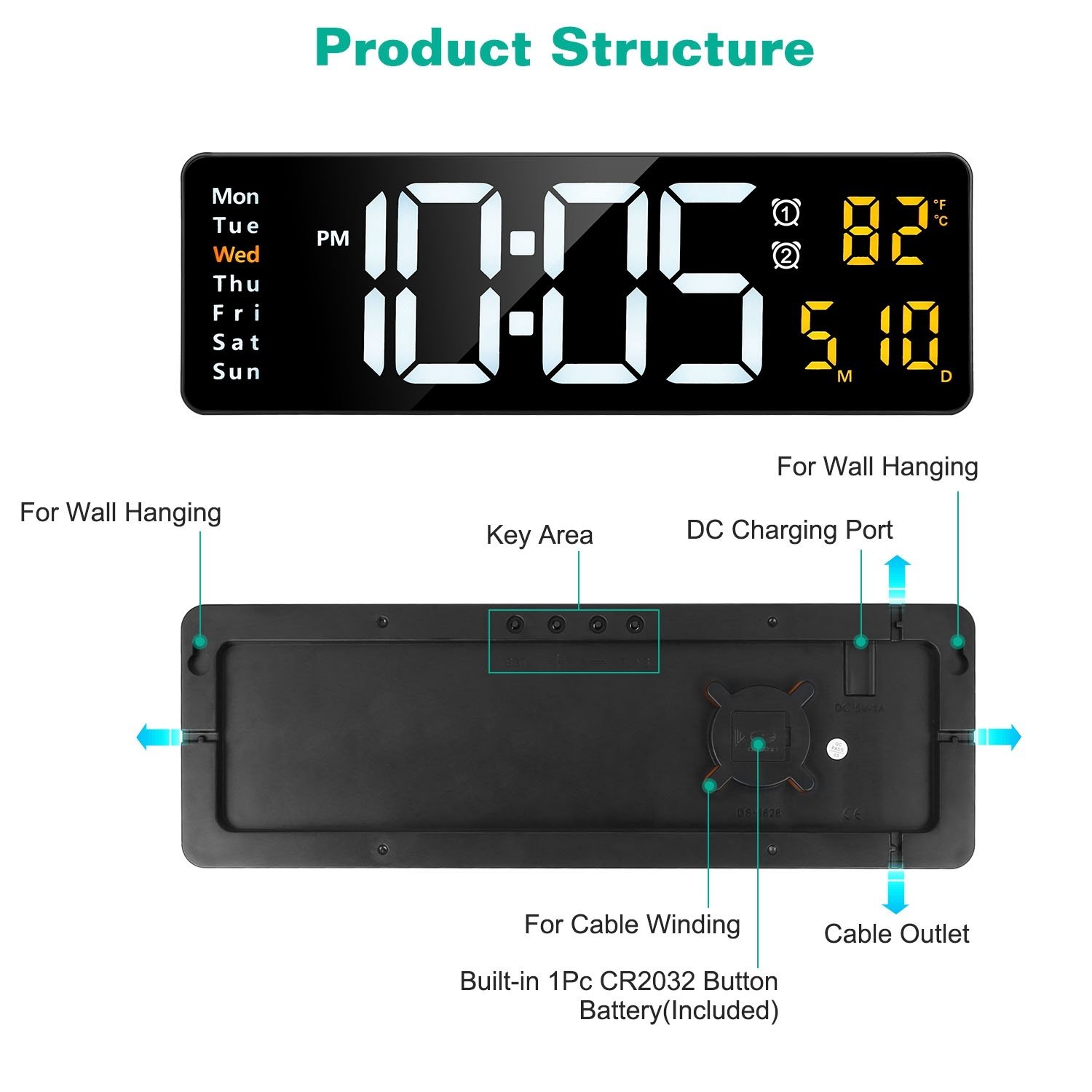 15.7in LED Digital Wall Clock With Remote Control For Home Gadget 10 Level Brightness 3 Alarm Settings 12-24Hr Format Timing Countdown Temperature Calendar Display Decorative Clock For Office Home - Image 7