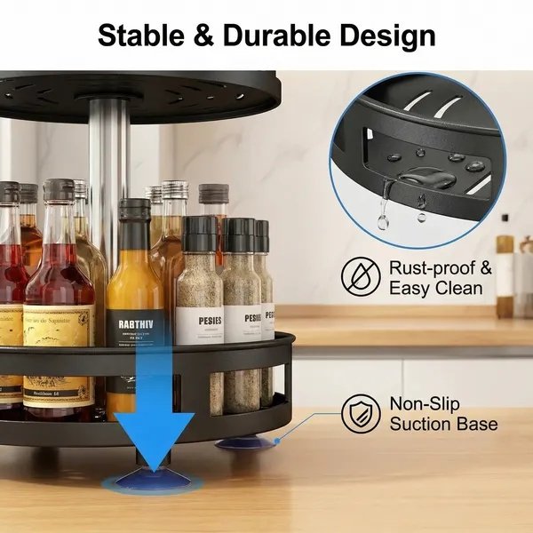 3-Tier Rotating Spice Rack Organizer – Carbon Steel 360° Metal Turntable, Multifunctional Kitchen Seasoning & Condiment Storage Rack, Space-Saving Countertop Spice Jar Organizer - Image 4
