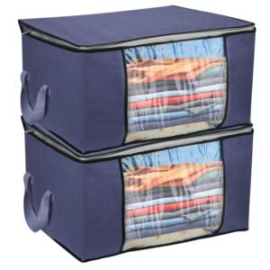 2Pcs Clothes Storage Bag For Moving Season 90L Per Bag With Thick Fabric Clear Window Dual-Zipper For Clothes Comforters Blankets Bedding